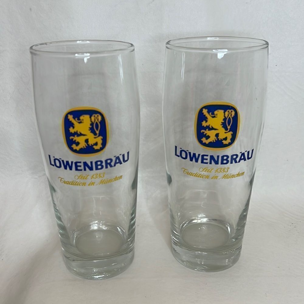 Lowenbrau Beer Glass 20 Oz Each Set 2 Included 7 1/4 Inches Tall 3 Inches Round